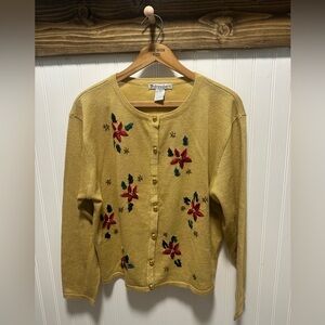 Dress Barn Poinsetta Holiday Sweater Cardigan XL beaded sparkle winter Christmas